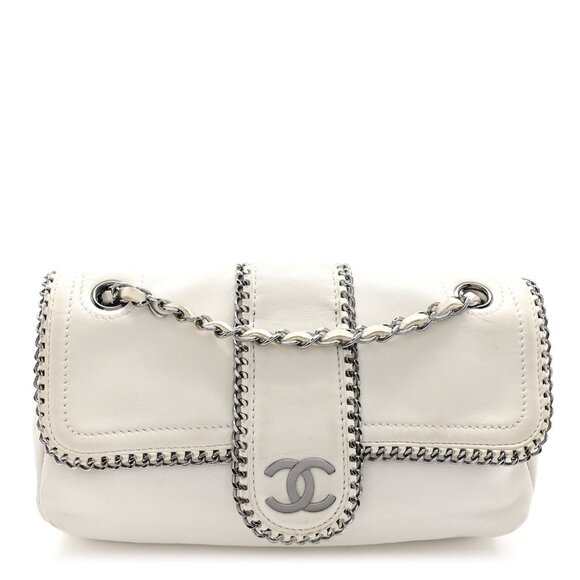 Authentic CHANEL CC Classic Madison Flap Bag Quilted Handbag Lambskin White - Picture 1 of 11